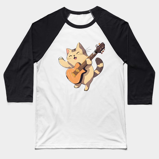 Cat Playing Guitar Baseball T-Shirt by Eini